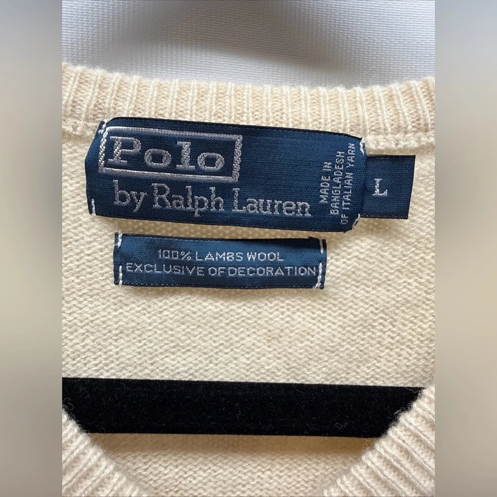 VTG Polo Ralph Lauren Sweater Mens Sz L Cream Pony 100% Italian Lambswool V-neck